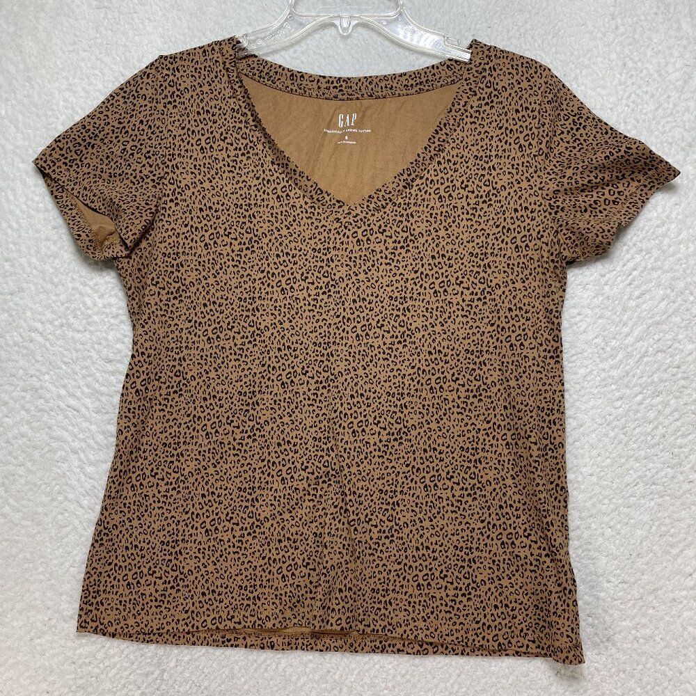 Gap Womens Top Short Sleeve Brown Black Animal Print Sz Small Organic Cotton